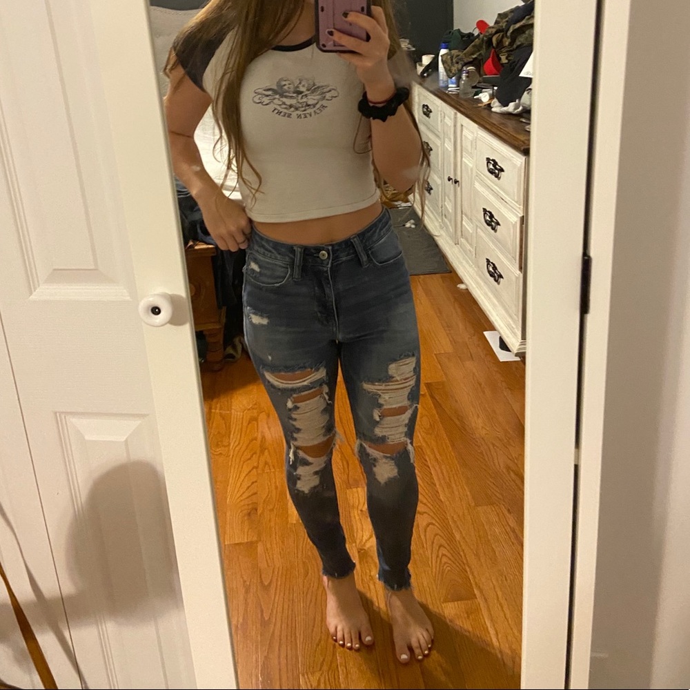 american eagle ripped high waist skinny blue jeans